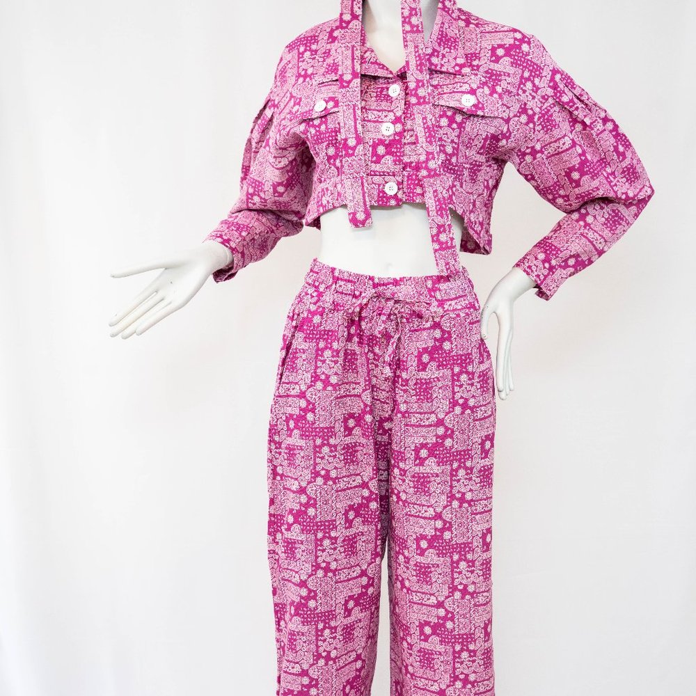 Women's Three Piece Paisley Pink Pattern Crop Jacket and Loose Pants Handmade - Picture 11 of 11